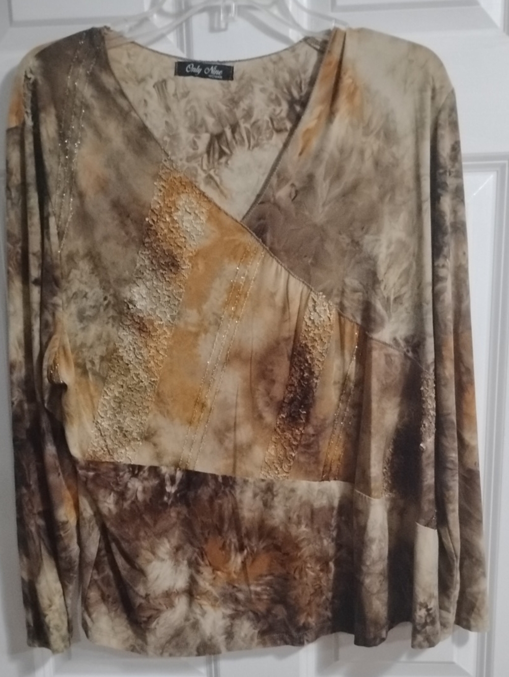 Only Nine Brown & Tan V-Neck Long Sleeve Top with Subtle Shimmer